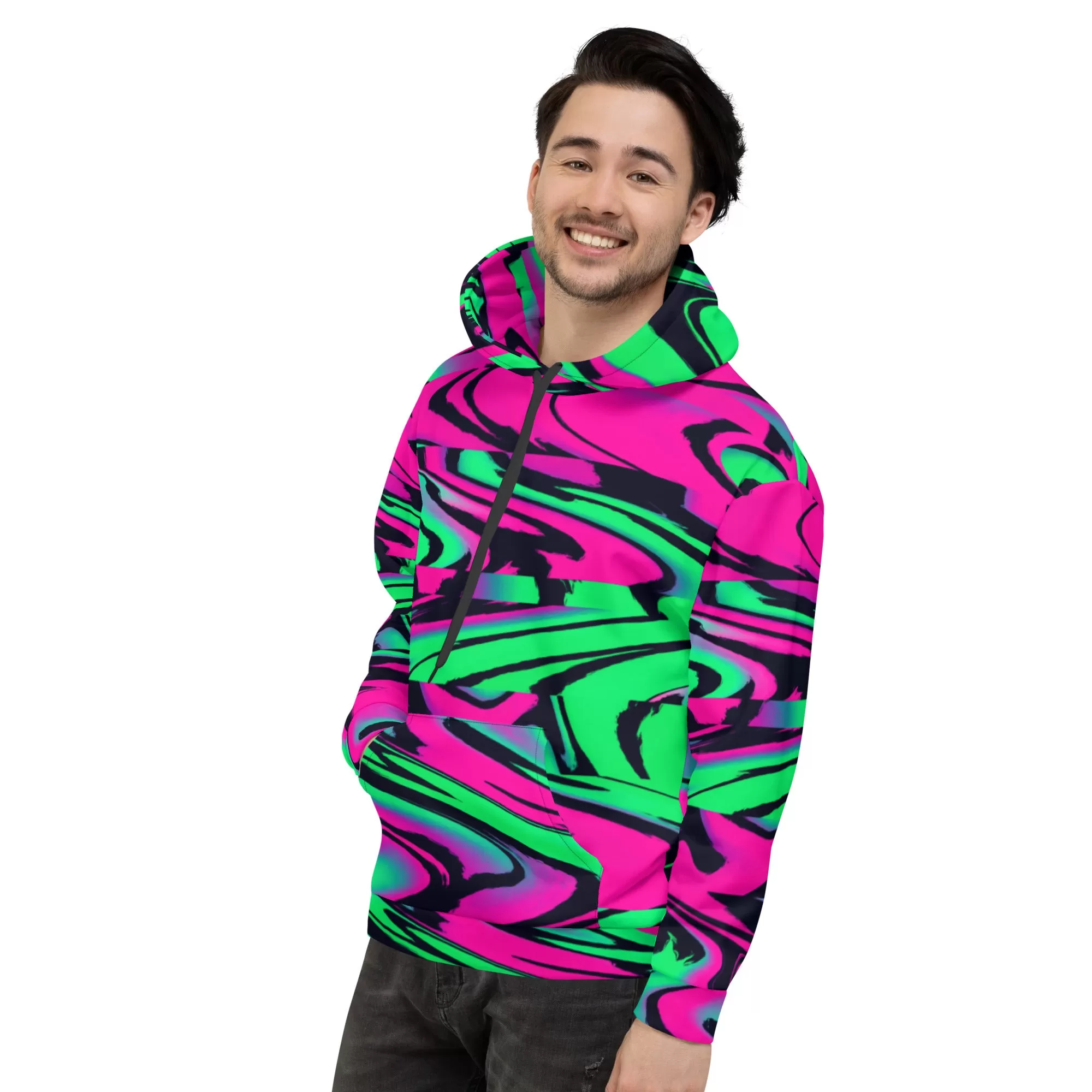 80s Pink and Green Wave Glitch Pullover Hoodie