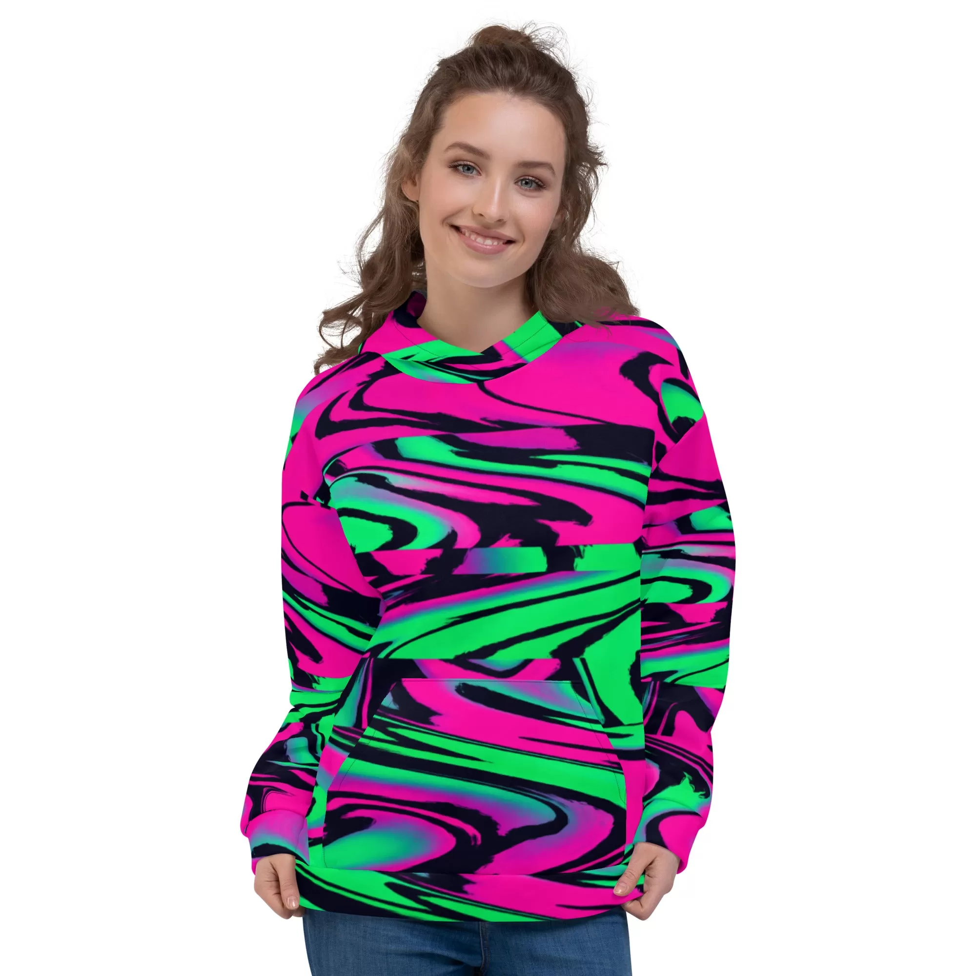 80s Pink and Green Wave Glitch Pullover Hoodie