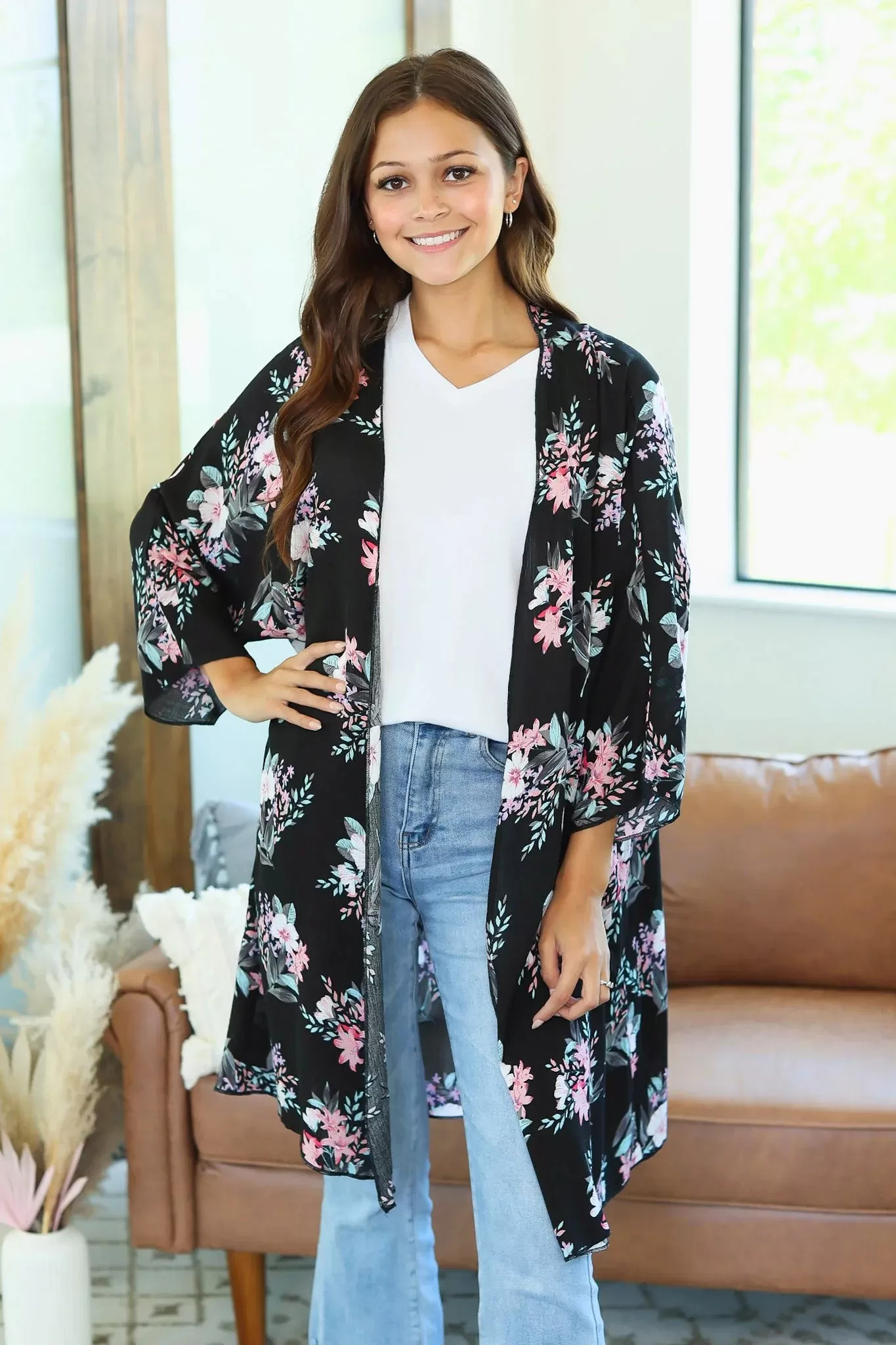 Black and Pink Floral Kimono