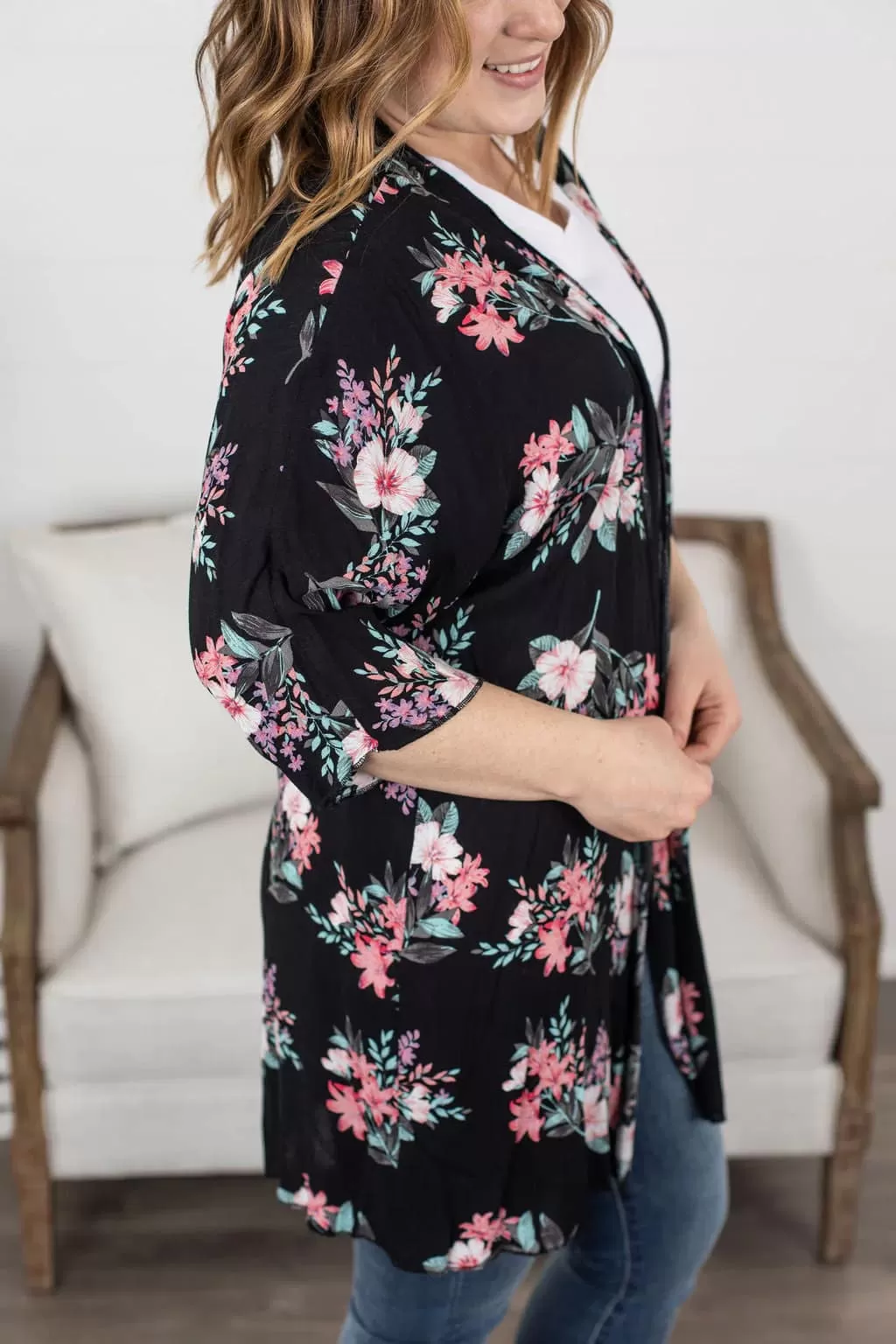 Black and Pink Floral Kimono