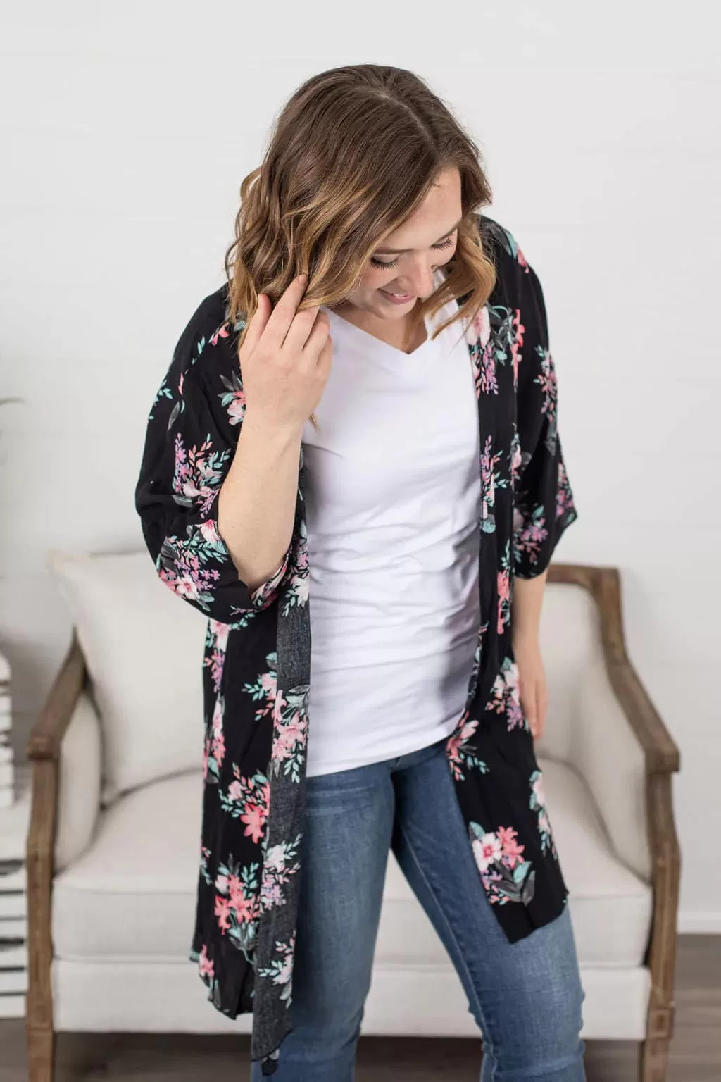 Black and Pink Floral Kimono