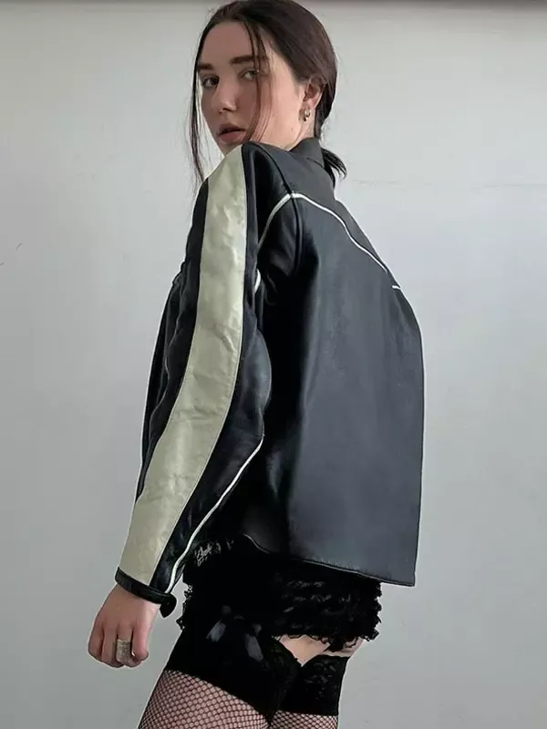 Black PU Leather Jacket with White Stripes Stand Collar Zipper Oversized Spring Outerwear For Women 2025