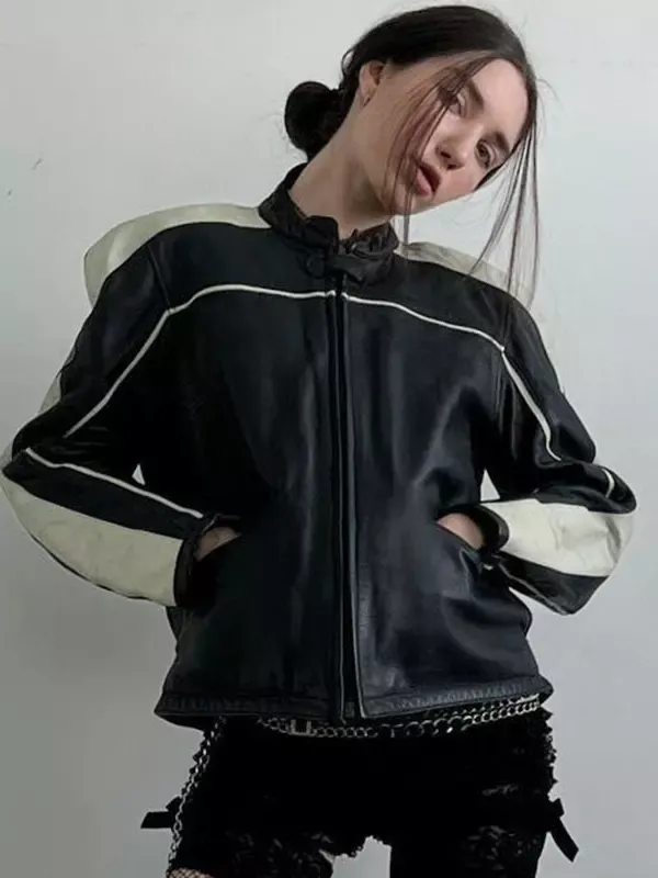 Black PU Leather Jacket with White Stripes Stand Collar Zipper Oversized Spring Outerwear For Women 2025