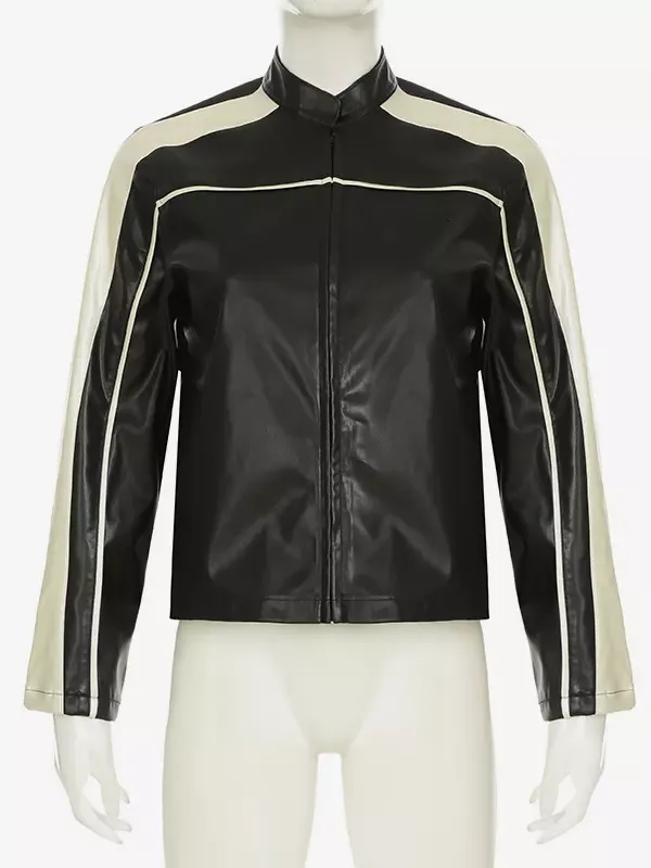 Black PU Leather Jacket with White Stripes Stand Collar Zipper Oversized Spring Outerwear For Women 2025