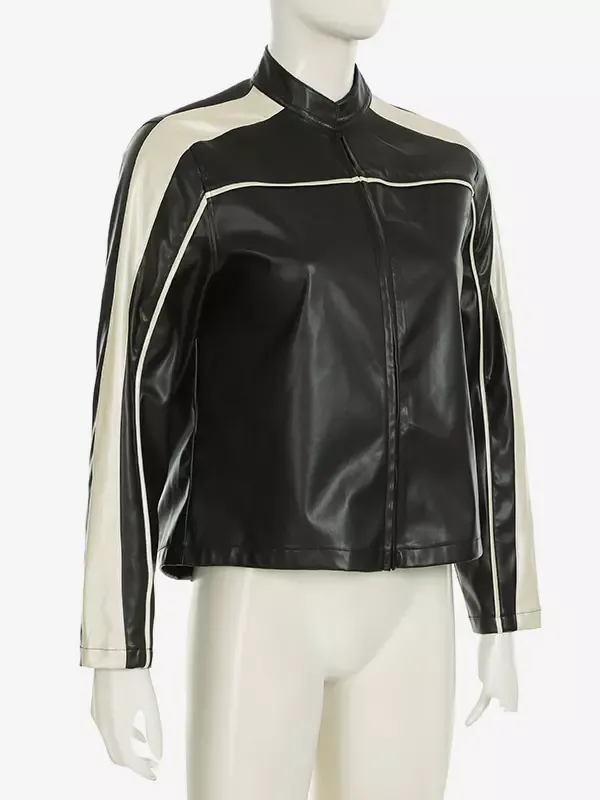 Black PU Leather Jacket with White Stripes Stand Collar Zipper Oversized Spring Outerwear For Women 2025