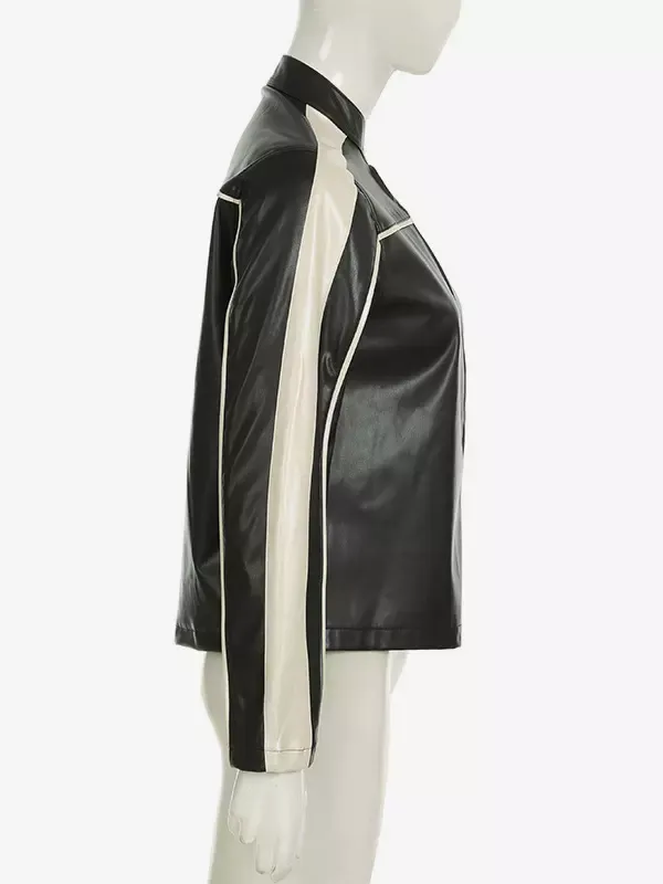 Black PU Leather Jacket with White Stripes Stand Collar Zipper Oversized Spring Outerwear For Women 2025