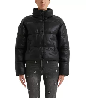 Black quilted faux leather short down jacket