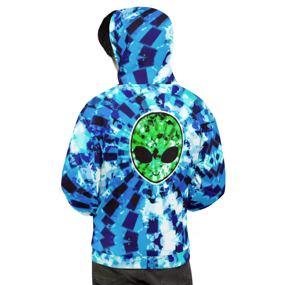 Blue Acid Wash Alien Tie-Dye Pullover Hoodie