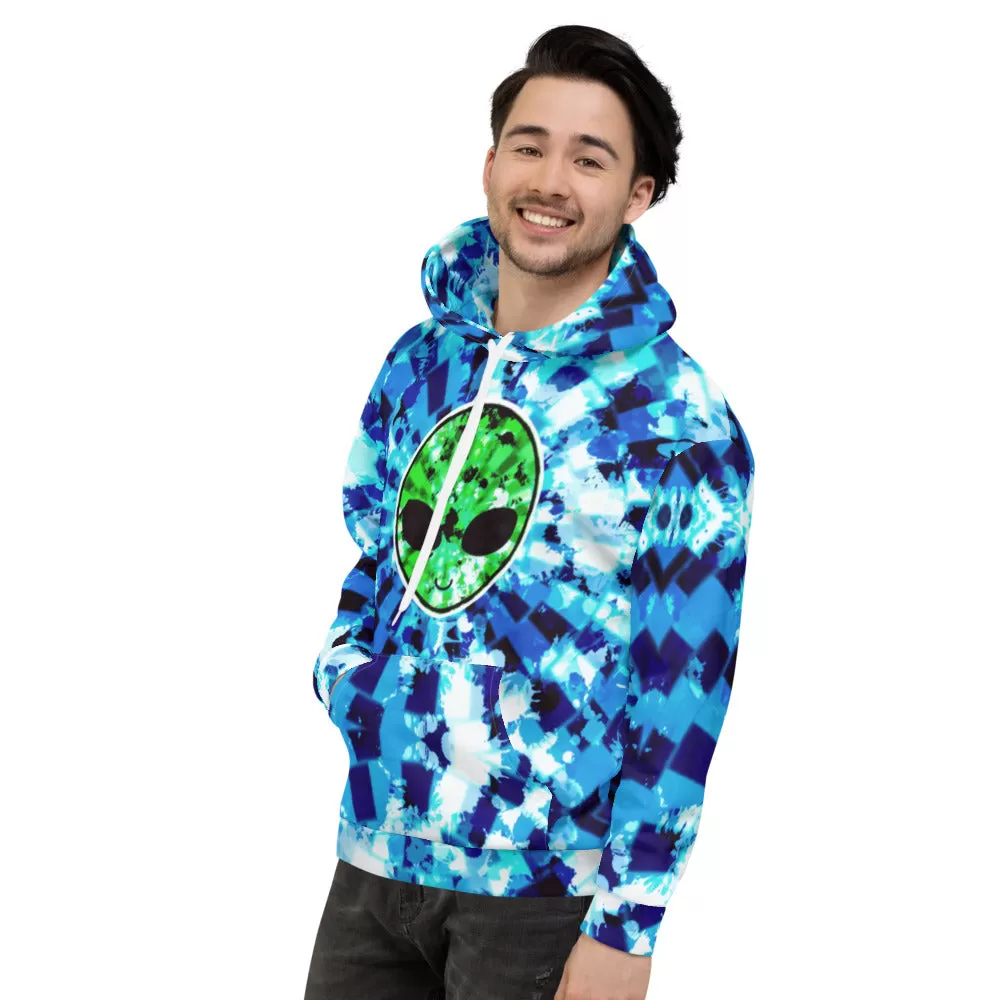 Blue Acid Wash Alien Tie-Dye Pullover Hoodie