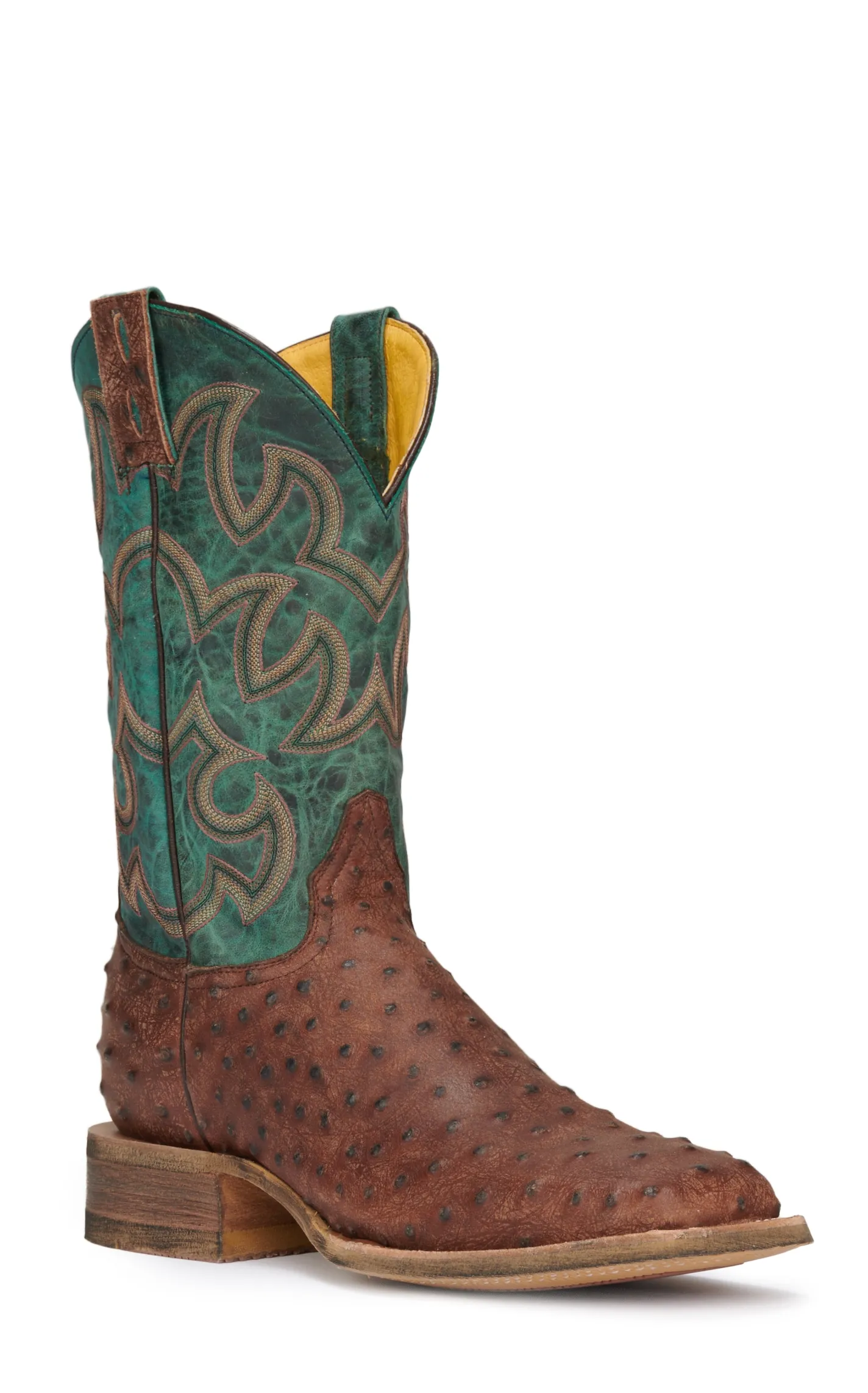 Cavender's Men's Rustic Chocolate & Turquoise Ostrich Print Wide Square Toe Cowboy Boots