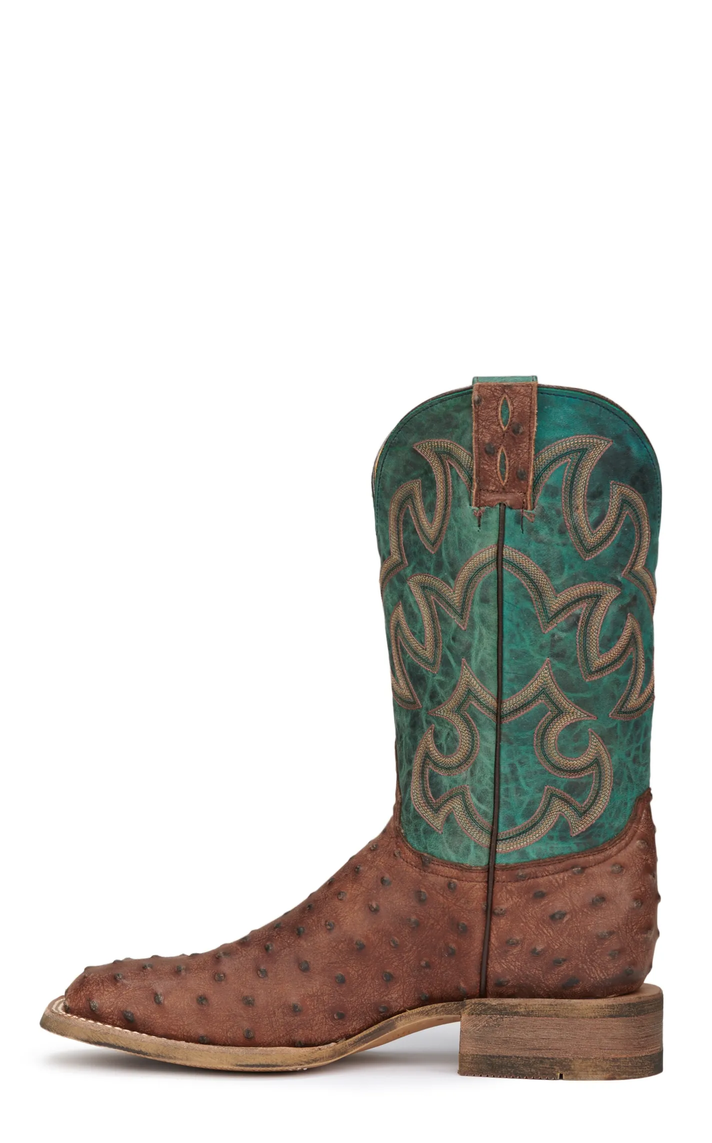 Cavender's Men's Rustic Chocolate & Turquoise Ostrich Print Wide Square Toe Cowboy Boots