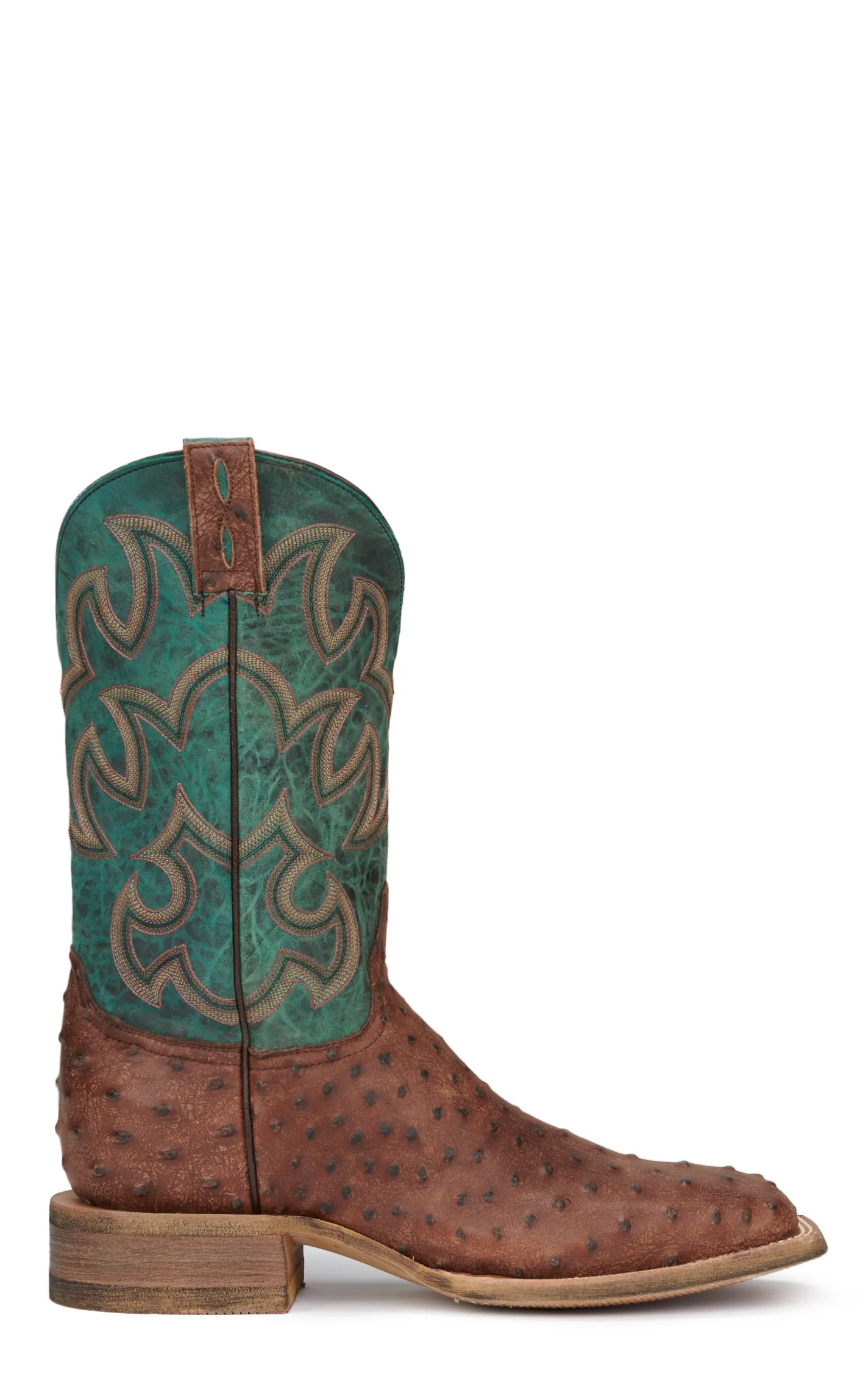 Cavender's Men's Rustic Chocolate & Turquoise Ostrich Print Wide Square Toe Cowboy Boots