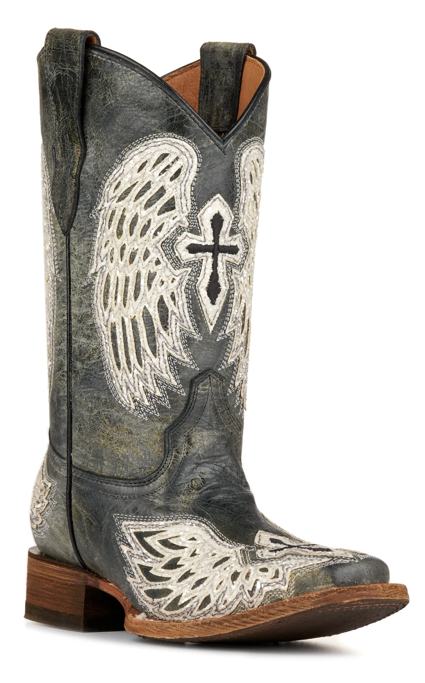 Corral Girls' Distressed Black with Cross & Wings Square Toe Cowboy Boots