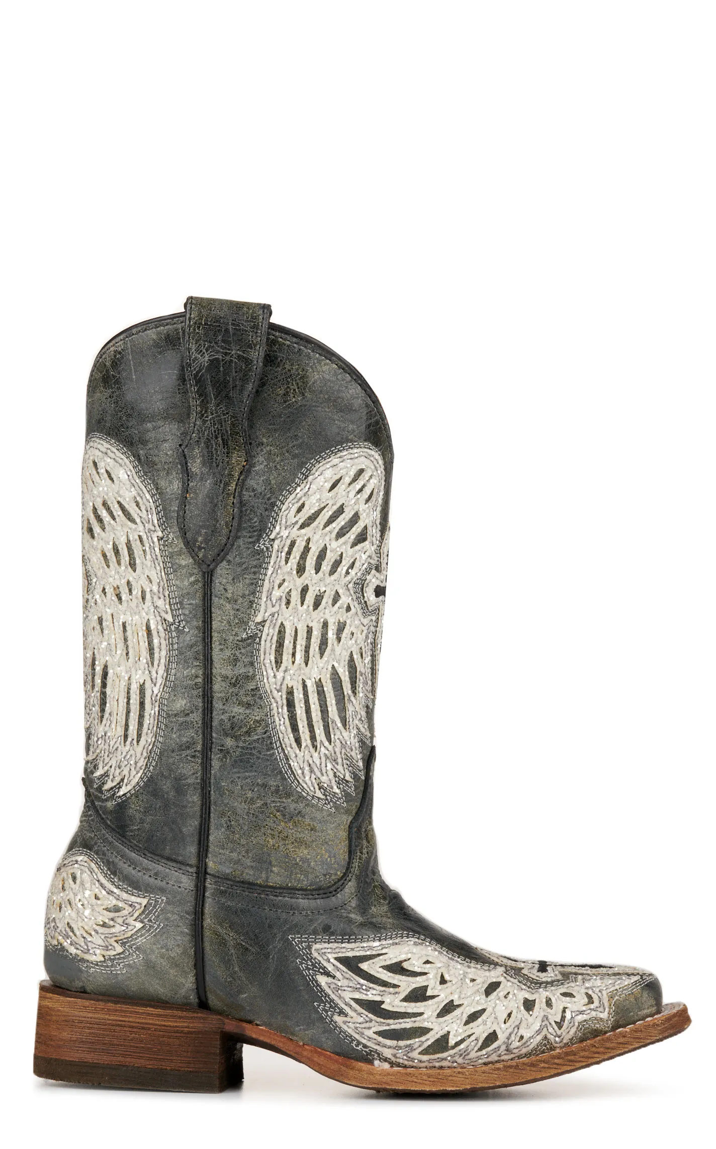 Corral Girls' Distressed Black with Cross & Wings Square Toe Cowboy Boots