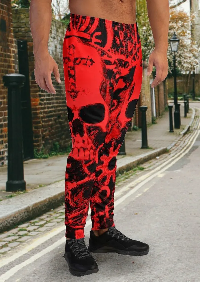 Crimson Steampunk Skull Slim Fit Men's Joggers