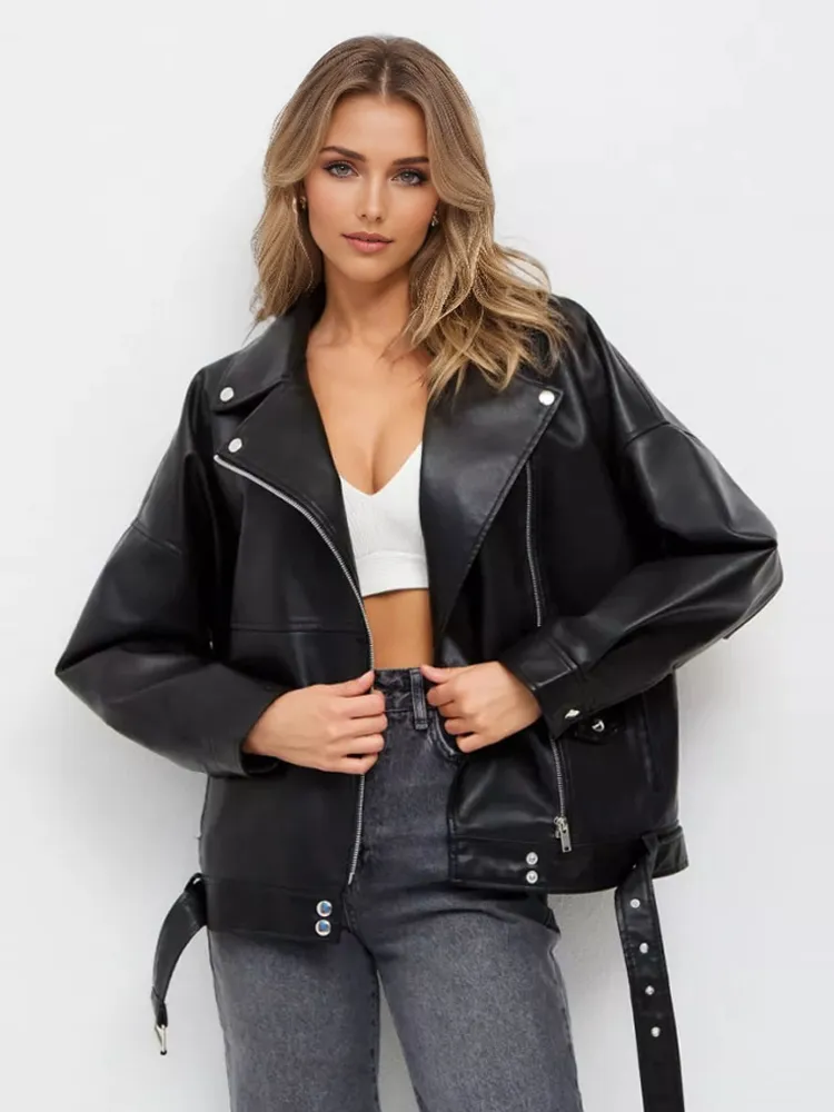 Faux Leather Jacket In Black Lapel Dropped Shoulder Oversized Spring Pu Outerwear For Women 2025