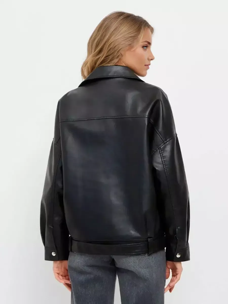 Faux Leather Jacket In Black Lapel Dropped Shoulder Oversized Spring Pu Outerwear For Women 2025