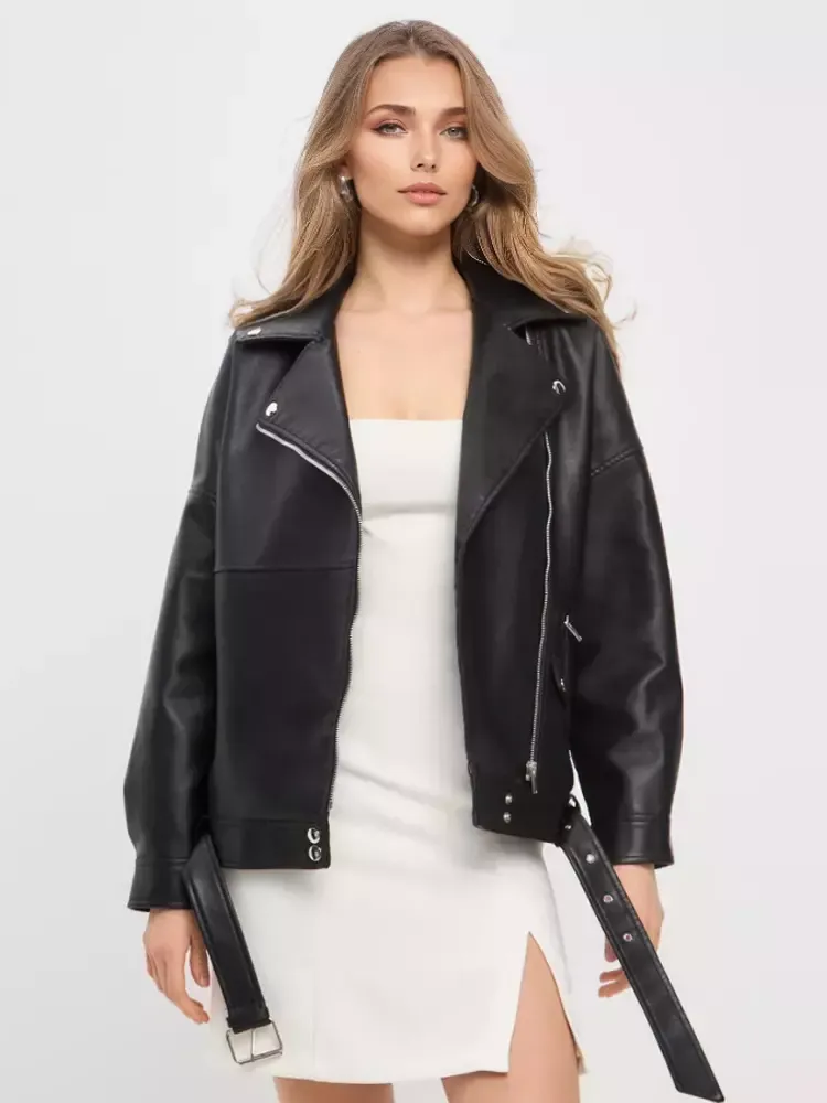 Faux Leather Jacket In Black Lapel Dropped Shoulder Oversized Spring Pu Outerwear For Women 2025