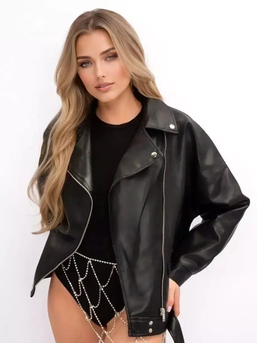 Faux Leather Jacket In Black Lapel Dropped Shoulder Oversized Spring Pu Outerwear For Women 2025