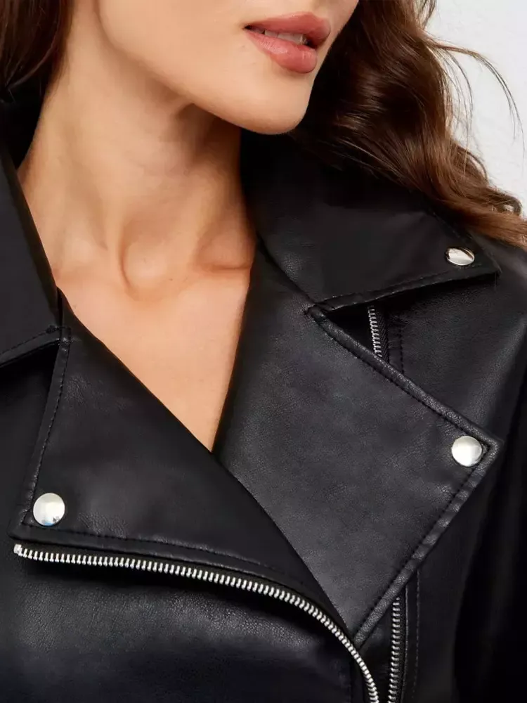 Faux Leather Jacket In Black Lapel Dropped Shoulder Oversized Spring Pu Outerwear For Women 2025