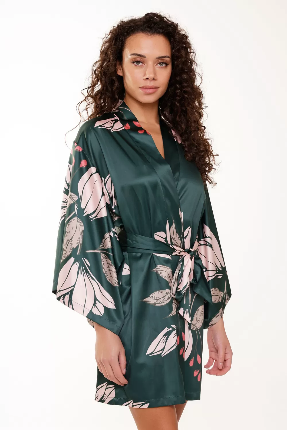 Floral Print Short Satin Kimono