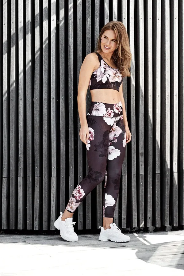 France Black Floral High Waisted Activewear Leggings