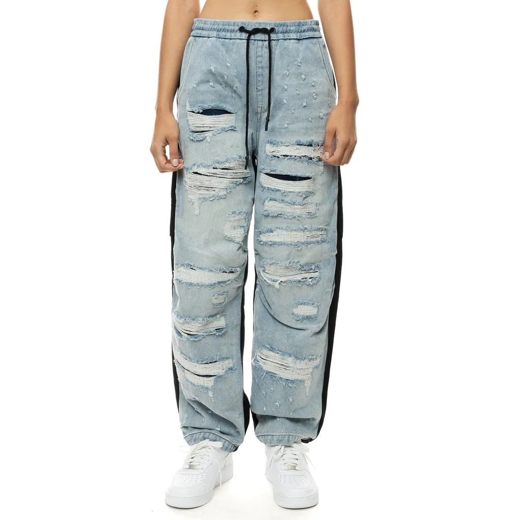 High Rise Baggy Mixed Media Denim Joggers - California Blue