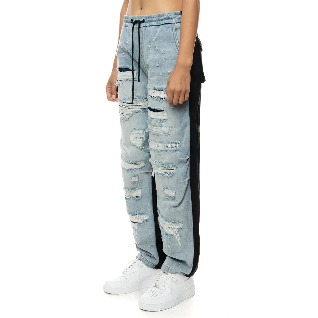 High Rise Baggy Mixed Media Denim Joggers - California Blue