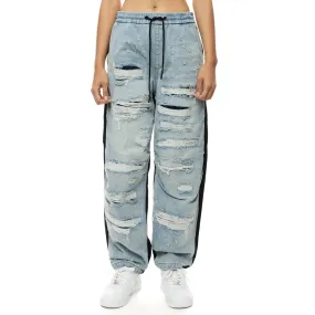 High Rise Baggy Mixed Media Denim Joggers - California Blue