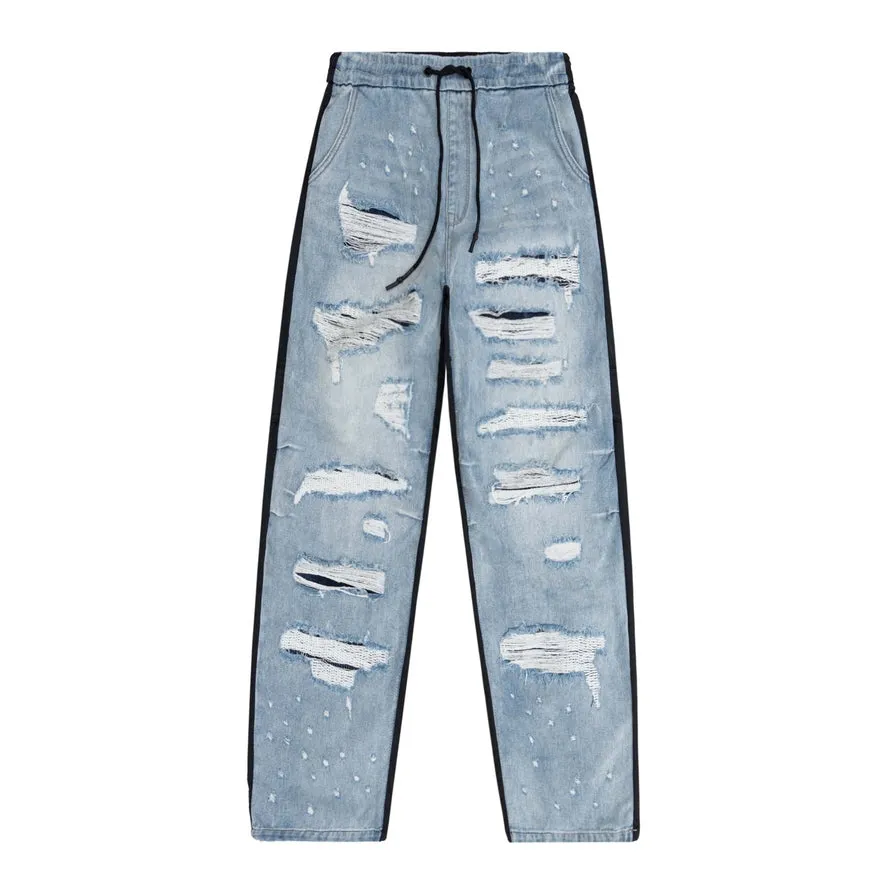 High Rise Baggy Mixed Media Denim Joggers - California Blue