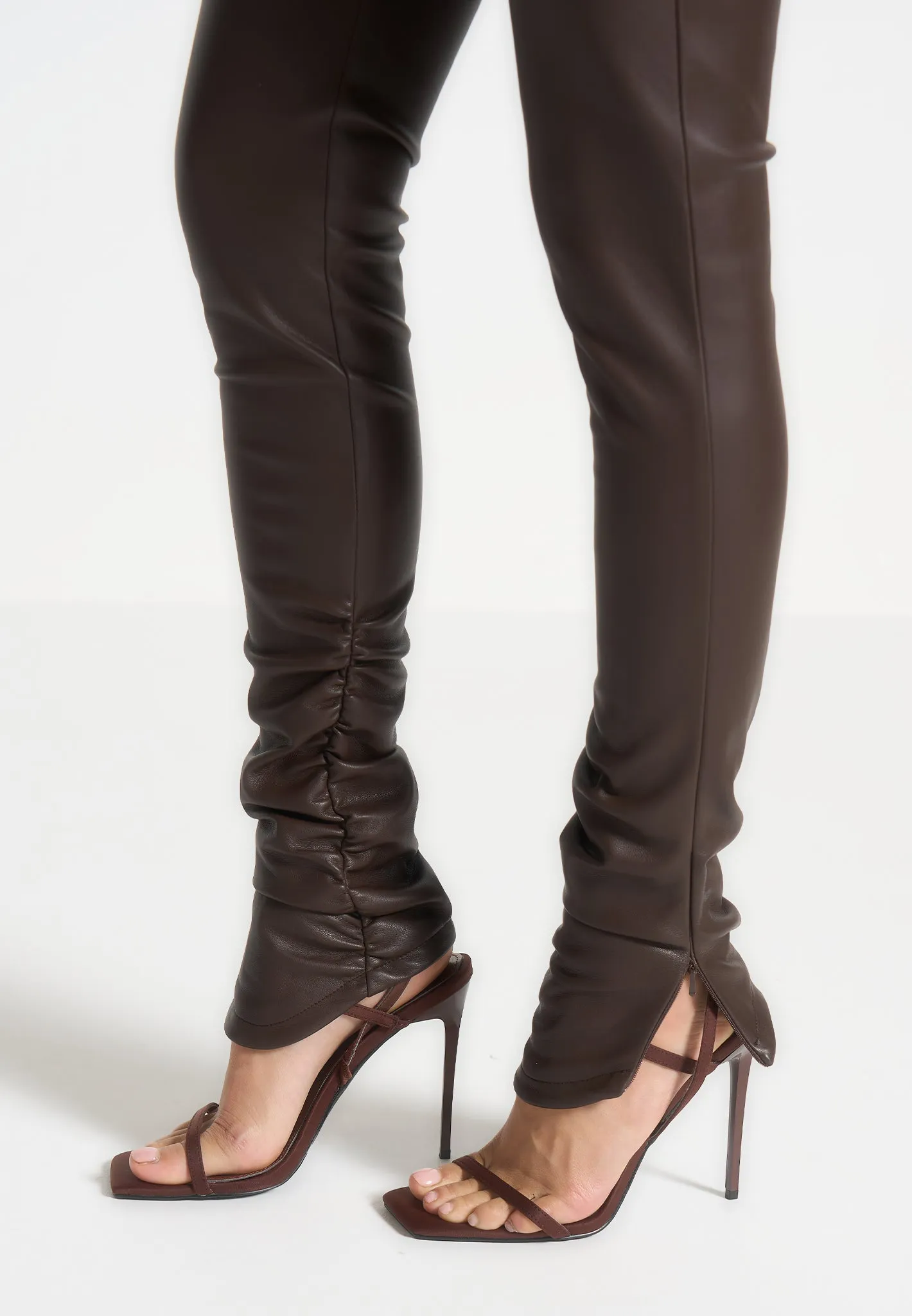 Leather Angled Waistband Leggings - Brown