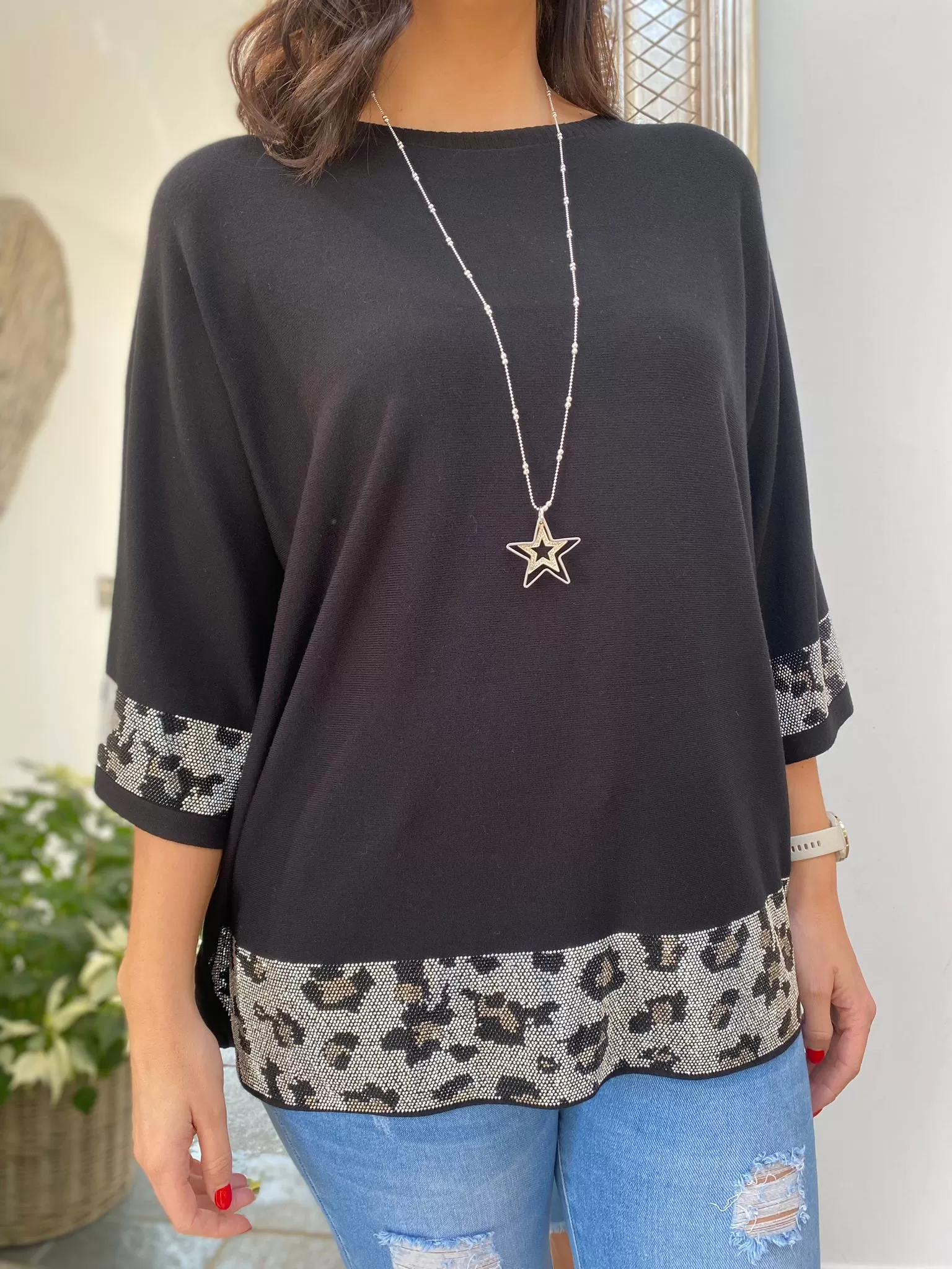 Leopard Diamante Knit Top Jazz