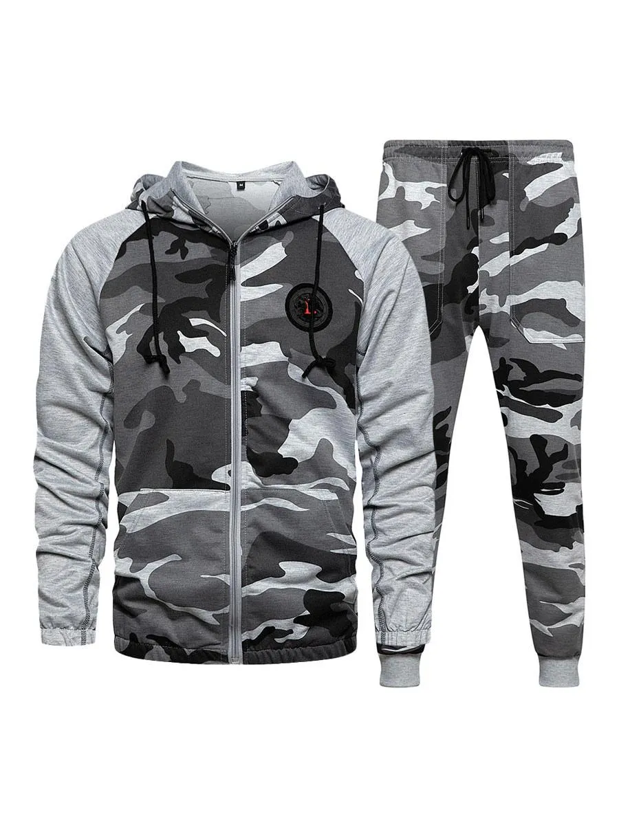 Men Activewear 2-Piece Set Camouflage Long Sleeves Hooded Grey Activewear Outfit