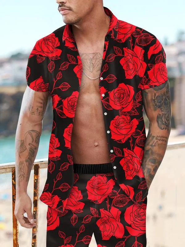 Men's Activewear 2-Piece Printed Short Sleeves Turndown Collar Red