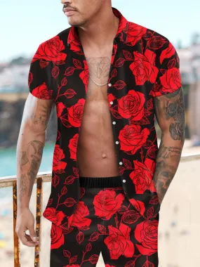 Men's Activewear 2-Piece Printed Short Sleeves Turndown Collar Red