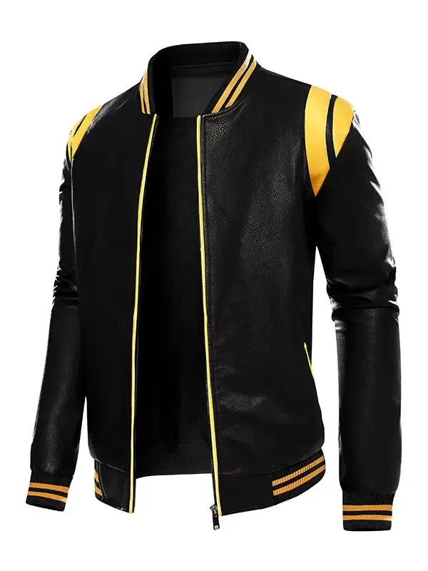 Men's Unisex Plus Size Leather Jacket Color Block Striped Zip up Stand Collar Moto Jackets