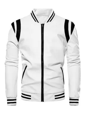 Men's Unisex Plus Size Leather Jacket Color Block Striped Zip up Stand Collar Moto Jackets