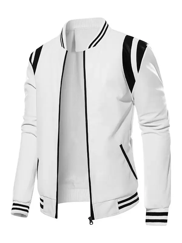 Men's Unisex Plus Size Leather Jacket Color Block Striped Zip up Stand Collar Moto Jackets