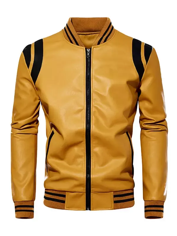 Men's Unisex Plus Size Leather Jacket Color Block Striped Zip up Stand Collar Moto Jackets