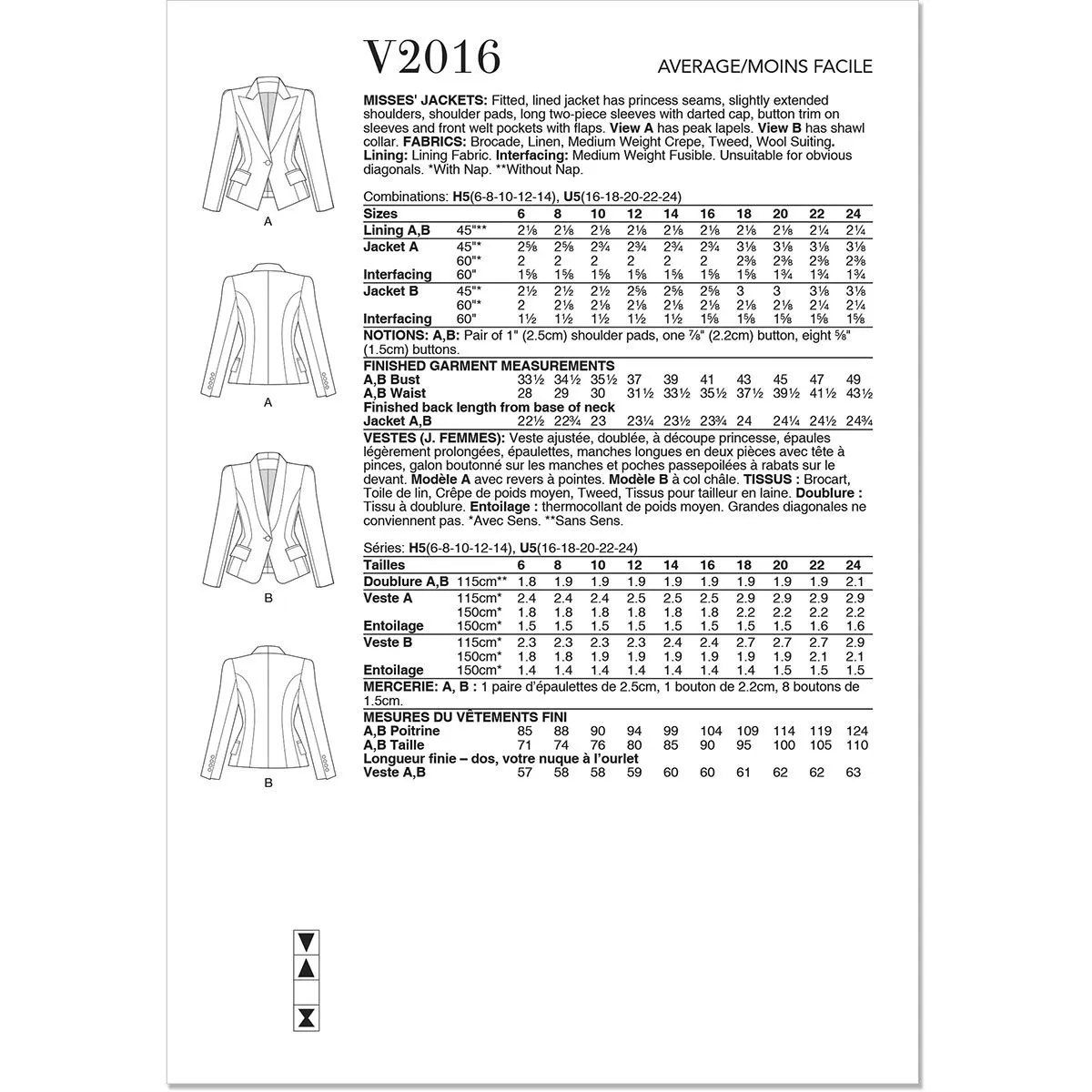 Misses Jackets Vogue Sewing Pattern 2016