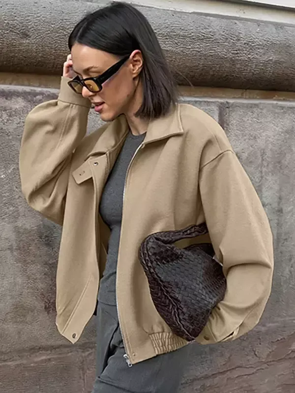 Oversized Shirt Collar Jacket Old Money Style Dropped Shoulder Zip-up Spring Casual Outerwear For Women 2025