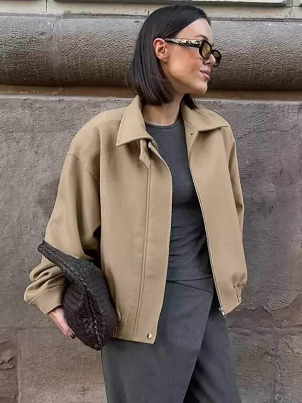 Oversized Shirt Collar Jacket Old Money Style Dropped Shoulder Zip-up Spring Casual Outerwear For Women 2025