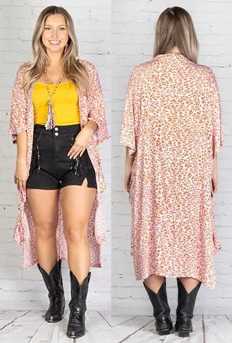 Pink & orange leopard kimono duster