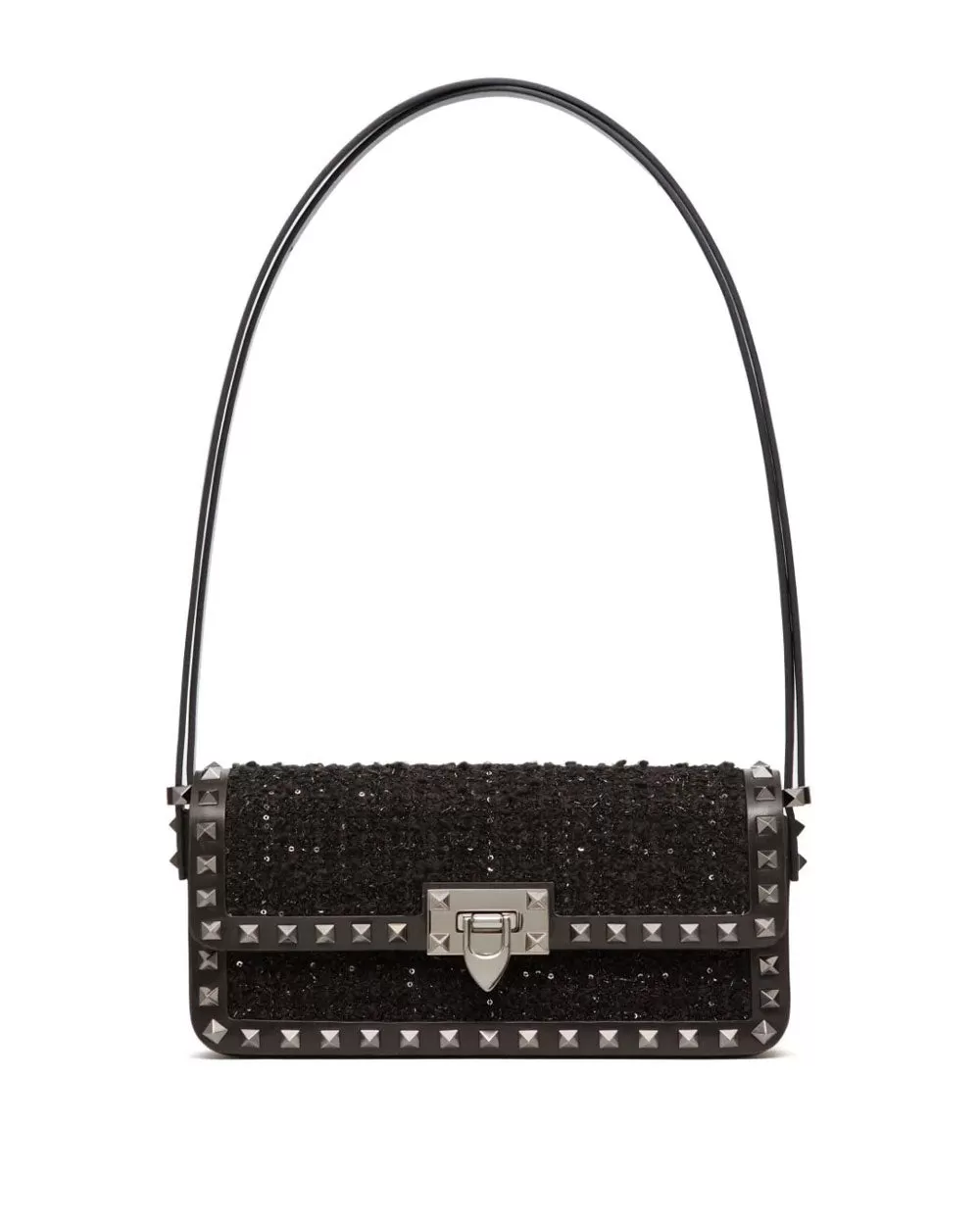 Rockstud Tweed Shoulder Bag in Black