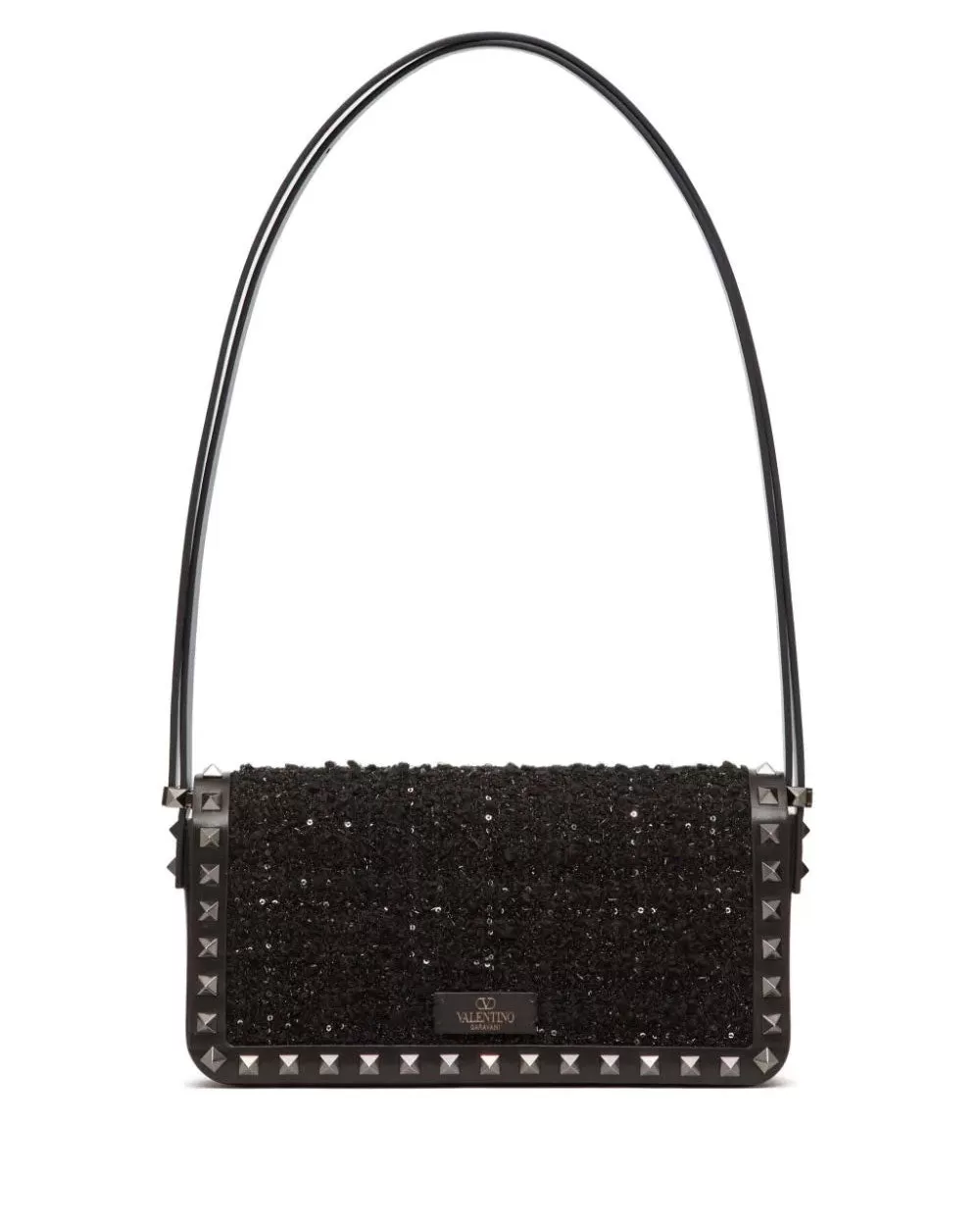 Rockstud Tweed Shoulder Bag in Black