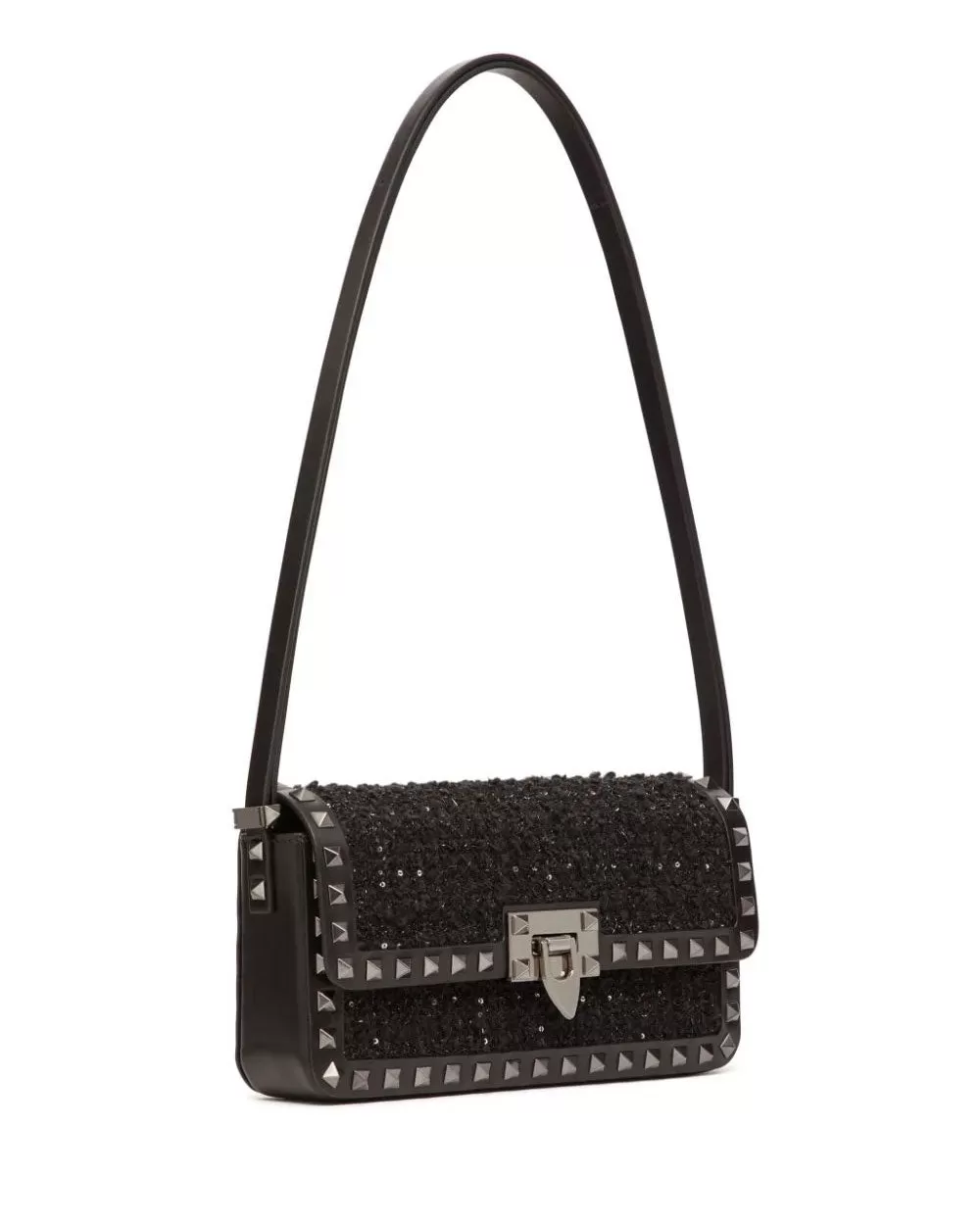 Rockstud Tweed Shoulder Bag in Black