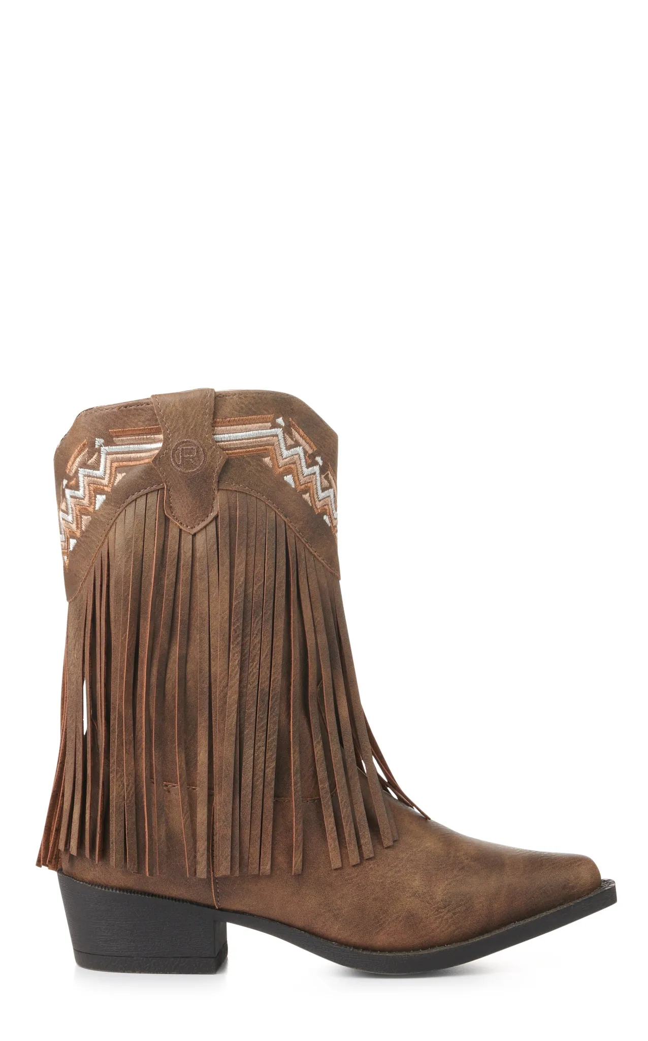 Roper Kids' Brown with Fringe and Embroidery Snip Toe Cowboy Boots