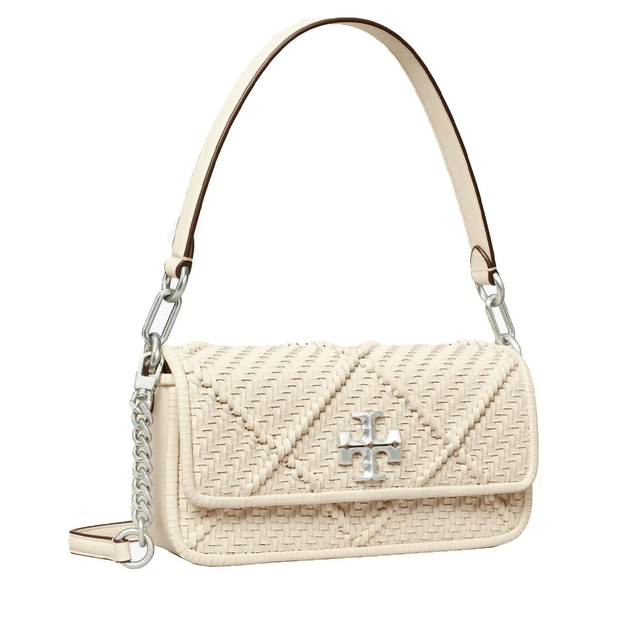 Small Kira Leather Flap Shoulder Bag With Diamond Pattern -Ivory