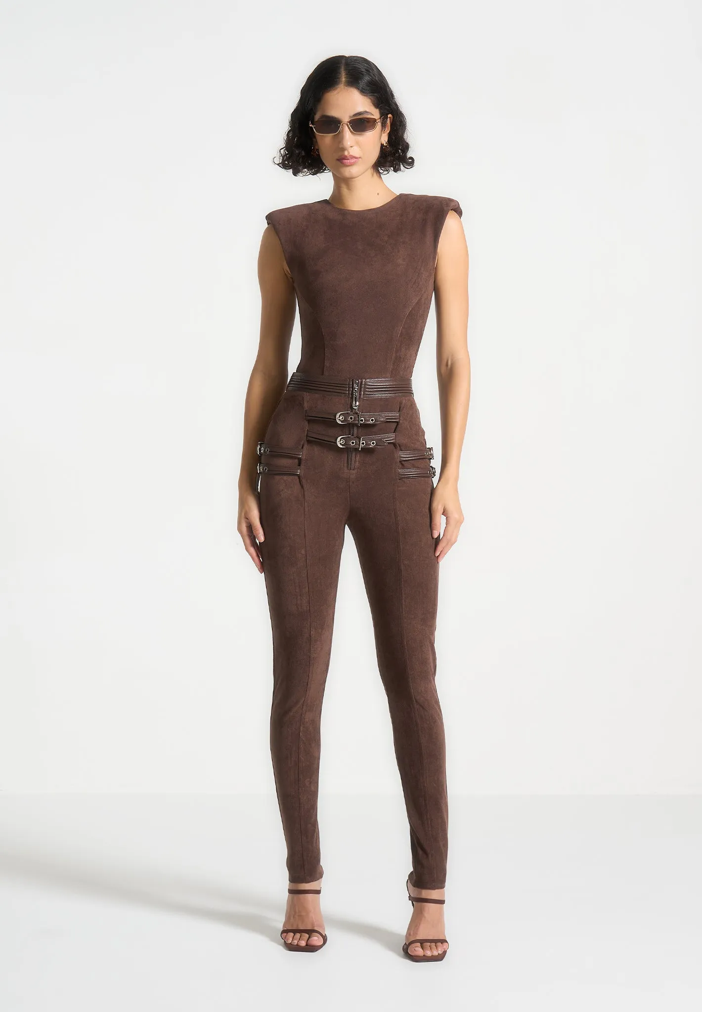 Suede Buckle Detail Leggings - Brown