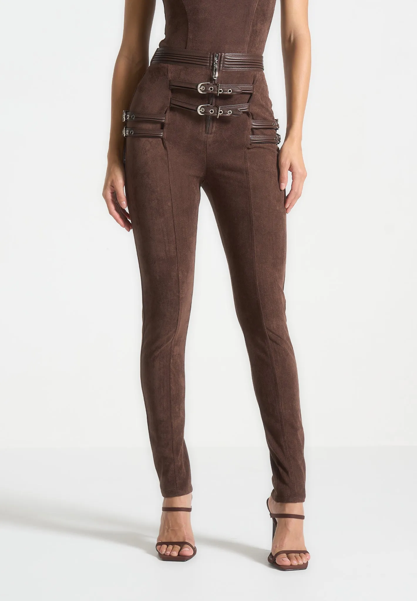 Suede Buckle Detail Leggings - Brown